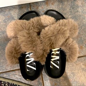 Comfortable black and grey Zara Fuzzy slippers, Size 7, $58